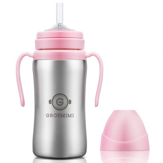 Grosmimi Stainless Straw Cup Insulated Baby Bottle 300ml (10M+) -Pink